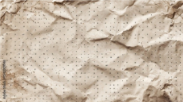 Fototapeta Black dusty textured background, sheets of crumpled checkered, dotted, craft paper. Noisy gritty dot halftone effect, retro banner in grunge style, overlay. Torn out notebook pages.