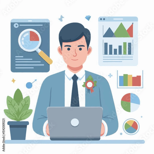 Obraz A man works on a laptop amidst business graphs and charts