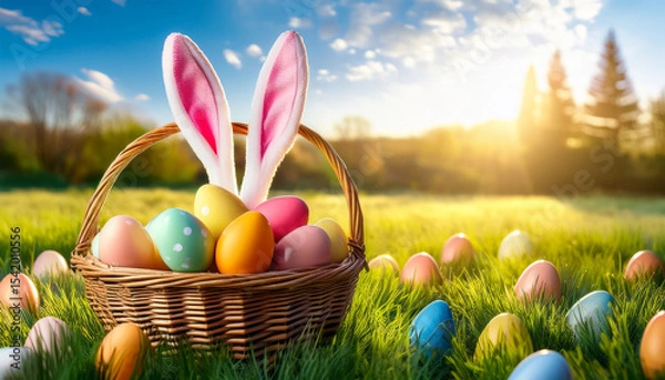 Obraz easter basket with colorful eggs and bunny ears in a sunny spring fieldmperfect for festive and seasonal backdrops
