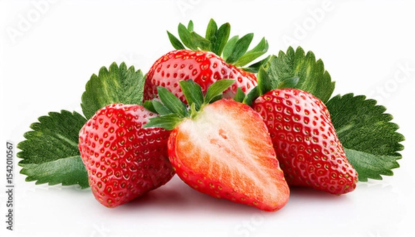 Obraz fresh whole and sliced strawberries isolated on white background juicy red fruit composition for dessert or health concept