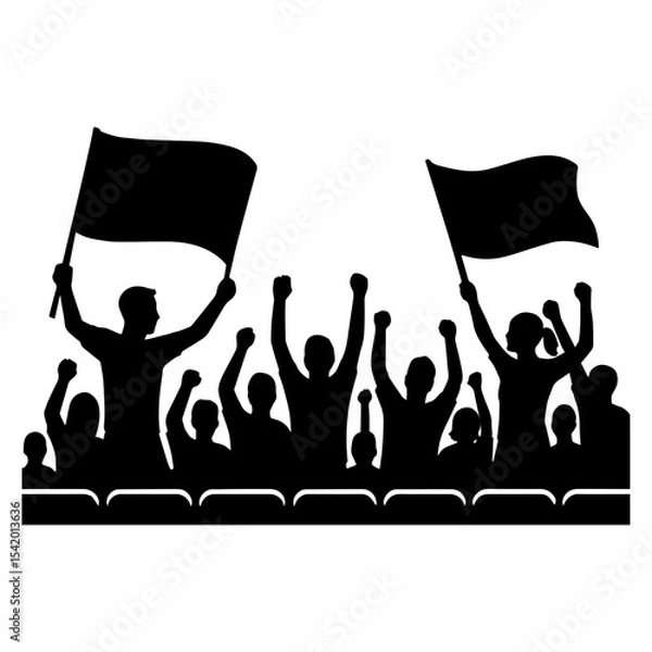 Fototapeta Crowd silhouette cheering with flags vector illustration for sports event or political rally design
