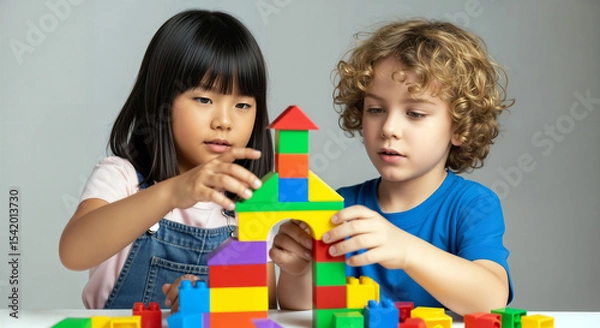 Fototapeta Diverse kids play together with colorful toys, sharing laughter. A joyful vision of unity where childhood friendships transcend all boundaries.