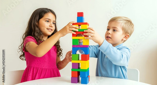 Fototapeta Diverse kids play together with colorful toys, sharing laughter. A joyful vision of unity where childhood friendships transcend all boundaries.
