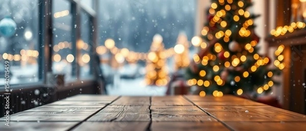 Obraz Empty wooden table with blurred Christmas tree and snowfall bokeh lights in the background. Cozy winter holiday background. Clear, soft, festive.