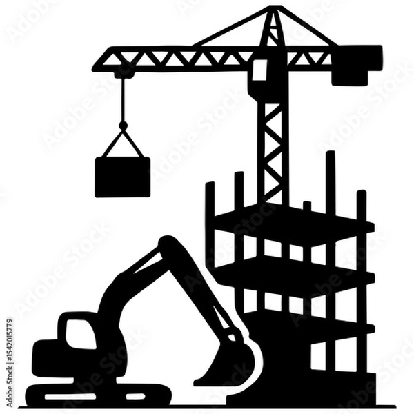 Fototapeta Construction site vector illustration with crane excavator and building silhouette design vector art
