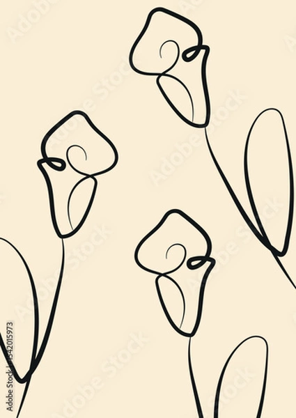 Obraz minimalist gift card template with flowers drawn in line art style drawn with contour