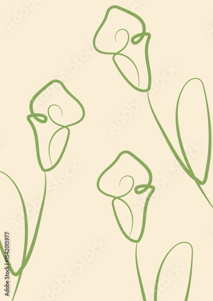 Obraz minimalist gift card template with flowers drawn in line art style drawn with colored outline