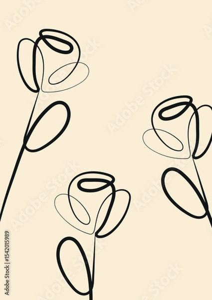 Obraz minimalist gift card template with roses drawn in line art style drawn with a black outline