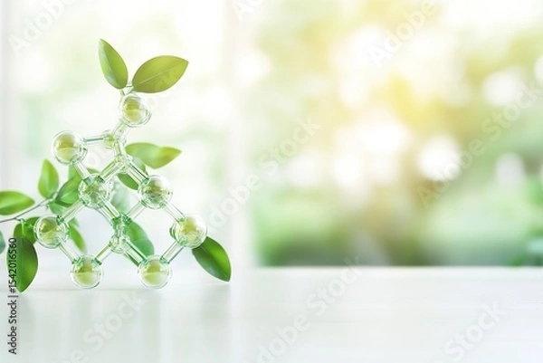 Fototapeta Green Molecular Structure with Leaves on Light Background Symbolizing Eco Friendly Science