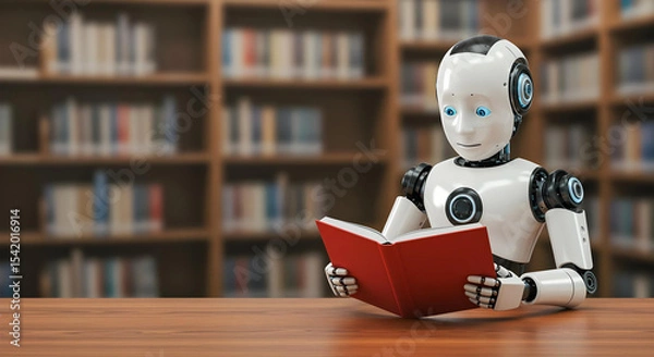 Obraz Cute humanoid robot reading red book inside library representing AI learning and knowledge acquisition