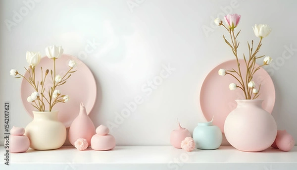Fototapeta Floral Arrangement with Pastel Vases and Decorative Elements on a White Shelf