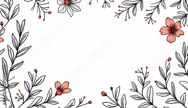 Fototapeta Floral Arrangement with Leafy Vines and Delicate Flowers on White Background