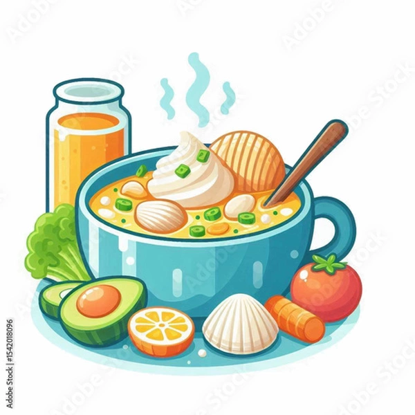 Fototapeta A steaming bowl of soup is depicted with various side accompaniments in a colorful cartoon style