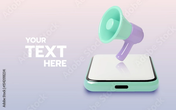 Fototapeta 3D Megaphone on Smartphone Mockup with Space for Custom Promotional or Marketing Text