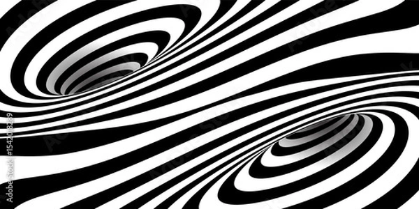 Fototapeta Wormhole with entrance and exit bg. Optical illusion of abstract tunnel with 3D portal effect. Circular whirlpool. Psychedelic vector illustration of black lines and stripes