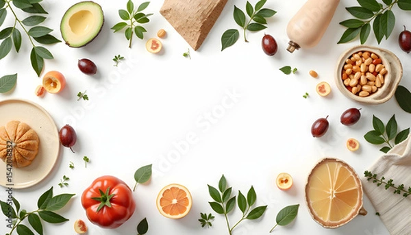 Fototapeta Fresh Fruits and Vegetables Composition on White Background