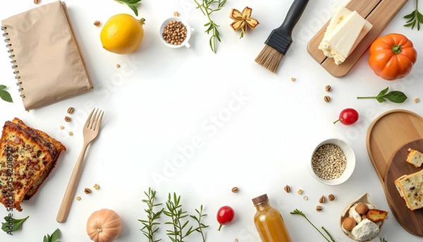 Fototapeta Food and Kitchen Utensils on White Background Flat Lay
