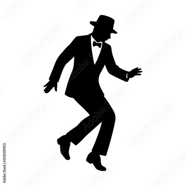 Fototapeta Silhouette of man dancing in suit and hat vector illustration isolated on white background