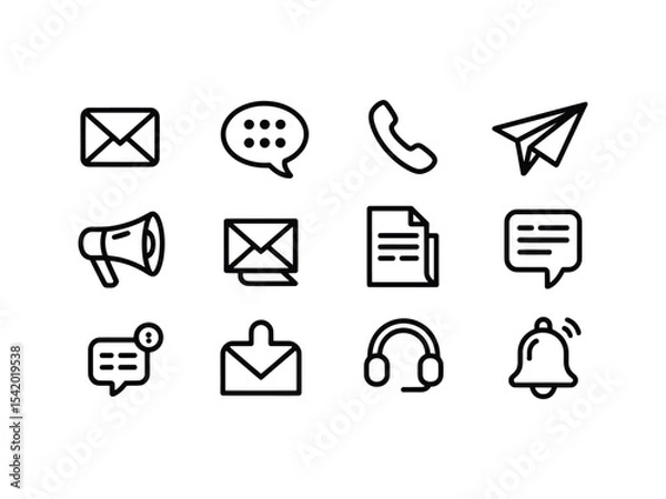 Fototapeta Twelve Black Outline Communication Icons Set Email Message Phone Paper Airplane Megaphone Document Chat Headset Bell Notification