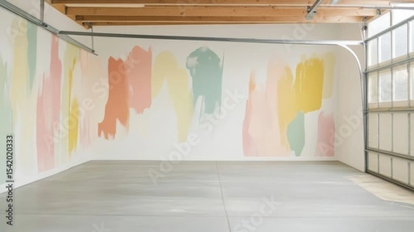 Fototapeta Artinspired garage with abstract brushstroke patterns, muted pastels, and a plain white wall. Bright and airy studio space featuring colorful abstract wall art.