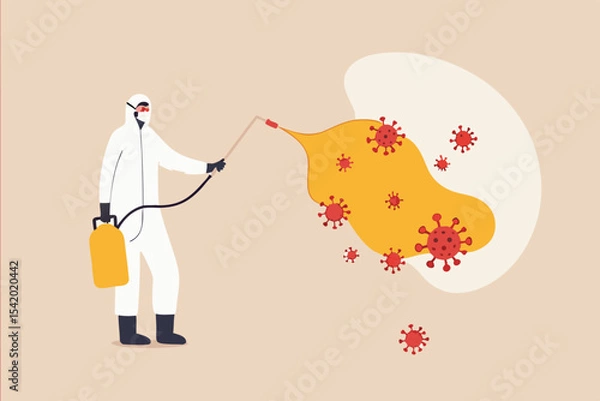 Fototapeta COVID-19 Coronavirus disinfect, clean and kill virus pathogen prevent outbreak spreading concept, worker with protective gear spray the cleaning sanitize chemical to disinfect COVID-19 virus pathogen