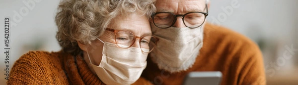Obraz A close-up of an elderly couple wearing face masks, attentively looking at a smartphone together. 