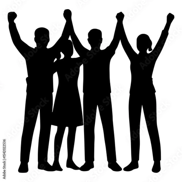 Fototapeta Silhouette of group people celebrating success teamwork unity achievement hands up victory community together