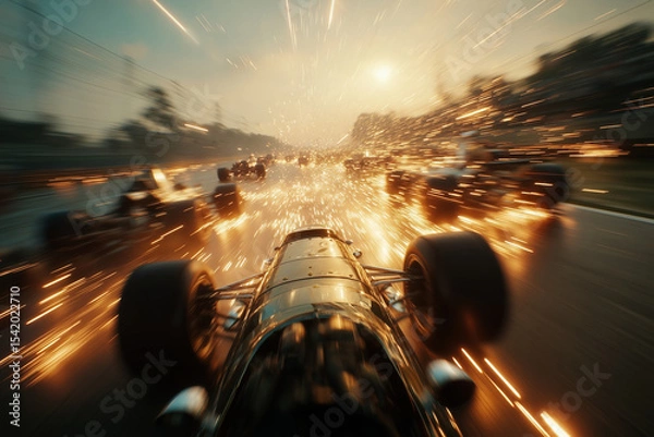 Obraz A cinematic photograph of an F2 race, shot from the perspective of one car driving in front of other cars, with motion blur and sparks flying around