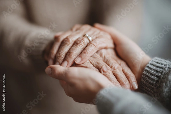 Obraz A touching moment of an elderly woman and her caregiver sharing a warm connection while walking.