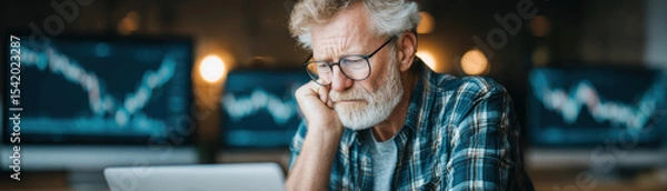Obraz A confused senior man stares at his laptop screen puzzled by a complex crypto transaction.