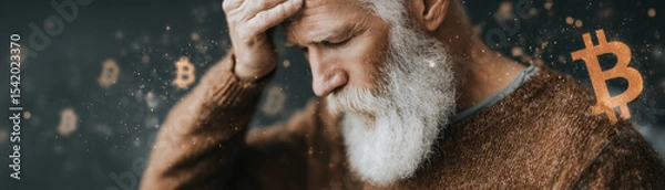 Obraz An elderly man struggles to understand a complex cryptocurrency transaction on his computer.