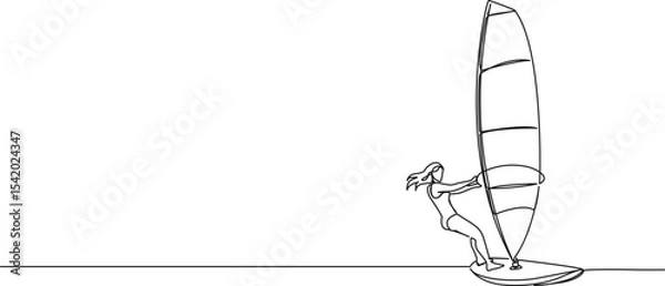 Obraz continuous single line drawing of woman windsurfing, line art vector illustration