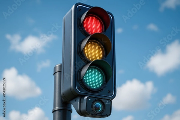 Fototapeta Smart traffic light control system in city using ai technology for efficient management and safety under blue sky with clouds creating modern urban environment