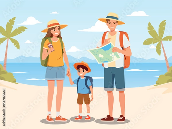 Obraz Happy family with backpacks to travel and exploring the beach. Parents holding map and passport, child smiling on the trip. Summer vacation and tropical travel concept illustration.