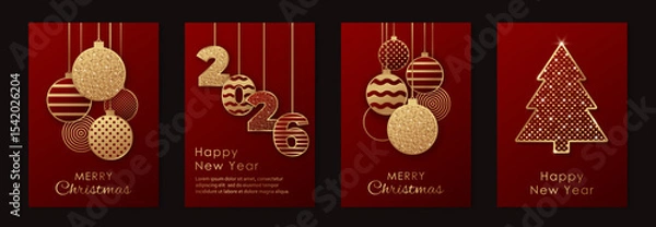 Fototapeta Merry Christmas and Happy New Year greeting card templates with golden glittering balls and fir-tree on a red background.