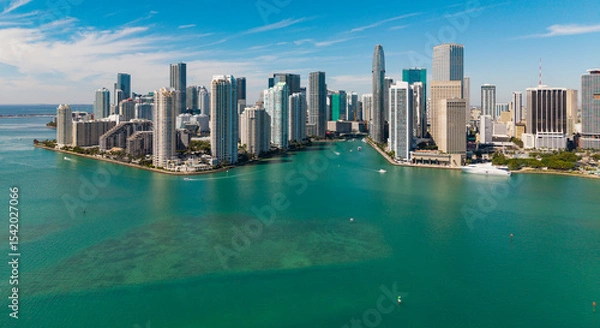 Obraz Miami from Brickell Key in Florida. Skyscraper in downtown city. Cityscape skyline. Brickell building in Miami downtown. Brickell skyline with skyscraper architecture. City skyline