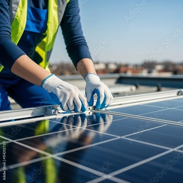 Fototapeta Woman's gloved hands installing solar panel on rooftop