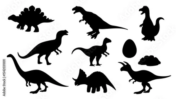 Fototapeta Vector illustration of dinosaur silhouette including Stegosaurus, Brontosaurus, Velociraptor, Triceratops, Tyrannosaurus rex