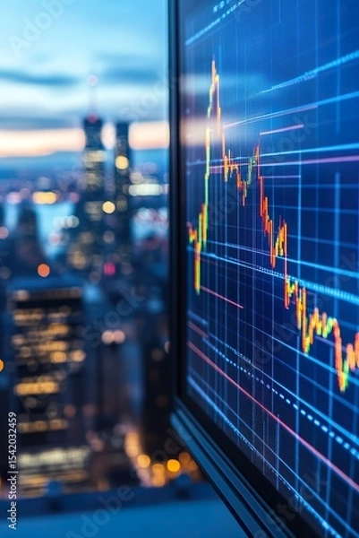 Fototapeta City Skyline with Financial Chart Displaying Market Trends at Sunset