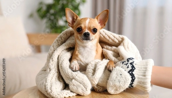 Fototapeta Tiny pup wrapped in textured knit, Chihuahua enjoys a quiet moment in a cozy home setting.
