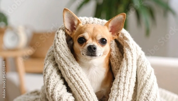 Fototapeta Tiny Chihuahua wrapped in a warm knit throw, peeking out with sleepy eyes in a cozy room.