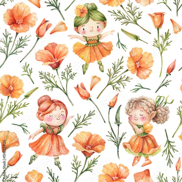 Fototapeta Charming Seamless Pattern with Princess Ballerinas in Poppy Petal Dresses and Flowers