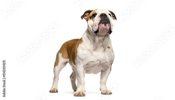 Fototapeta Adorable bulldog on white backdrop, looking up with charm, perfect for captions or copy.