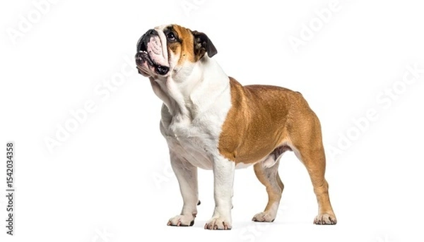 Fototapeta Cute bulldog sitting and looking up, isolated on white background with plenty of copy space