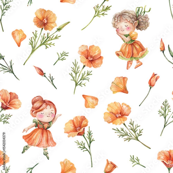 Fototapeta Seamless Watercolor Pattern with California Poppies and Fairy Princesses on White Background
