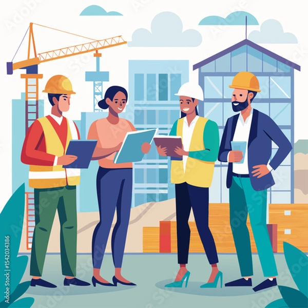 Obraz Architects Discussing Building Plans at a Construction Site, Professional Teamwork Concept, Realistic Vector Illustration