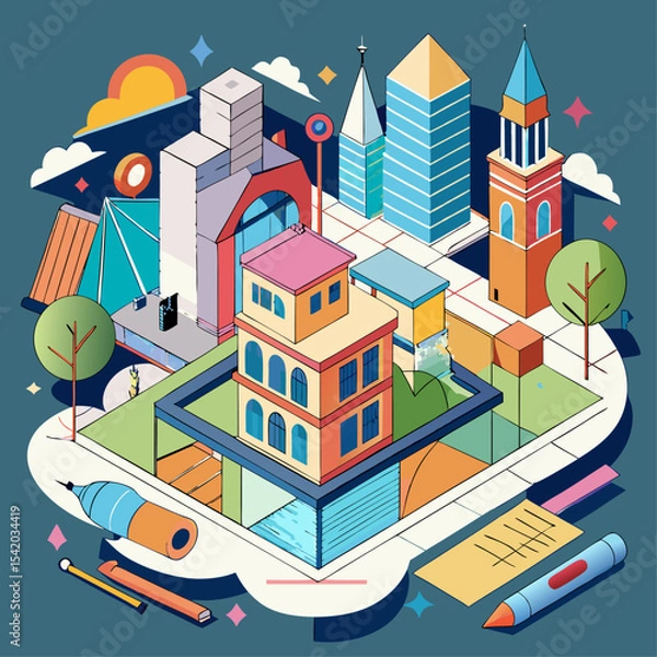 Obraz Architectural Sections and Elevations of a Building Collection Featuring Blueprints, Floor Plans, Construction Drawings, Structural Details, and Vector Illustration Set