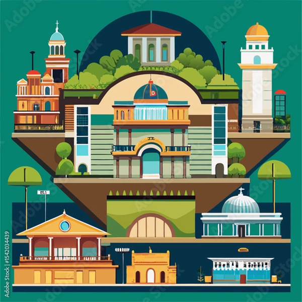 Obraz Architectural Sections and Elevations of a Building Collection Featuring Blueprints, Floor Plans, Construction Drawings, Structural Details, and Vector Illustration Set