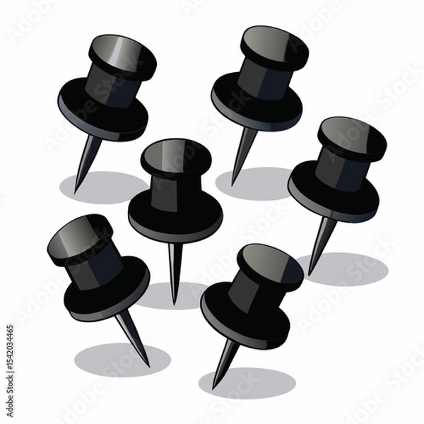 Obraz 3D Black Push Pin Icon Set Featuring Different Angles, Office Tools, Map Pins, Location Markers, Stationery, and Modern Vector Illustration Collection