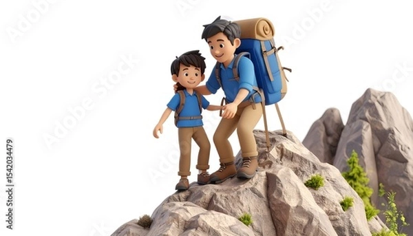 Fototapeta Adventurous dad and son duo in 3D cartoon form, enjoying a mountain trek with cheerful faces, white background.